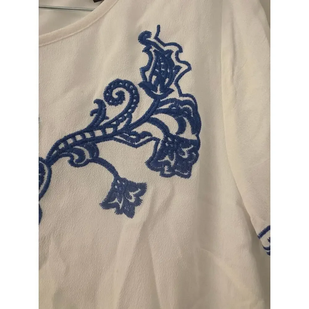 Lulus White Blue Embroidered Dress Coastal Mediterranean Tunic Shift Size L